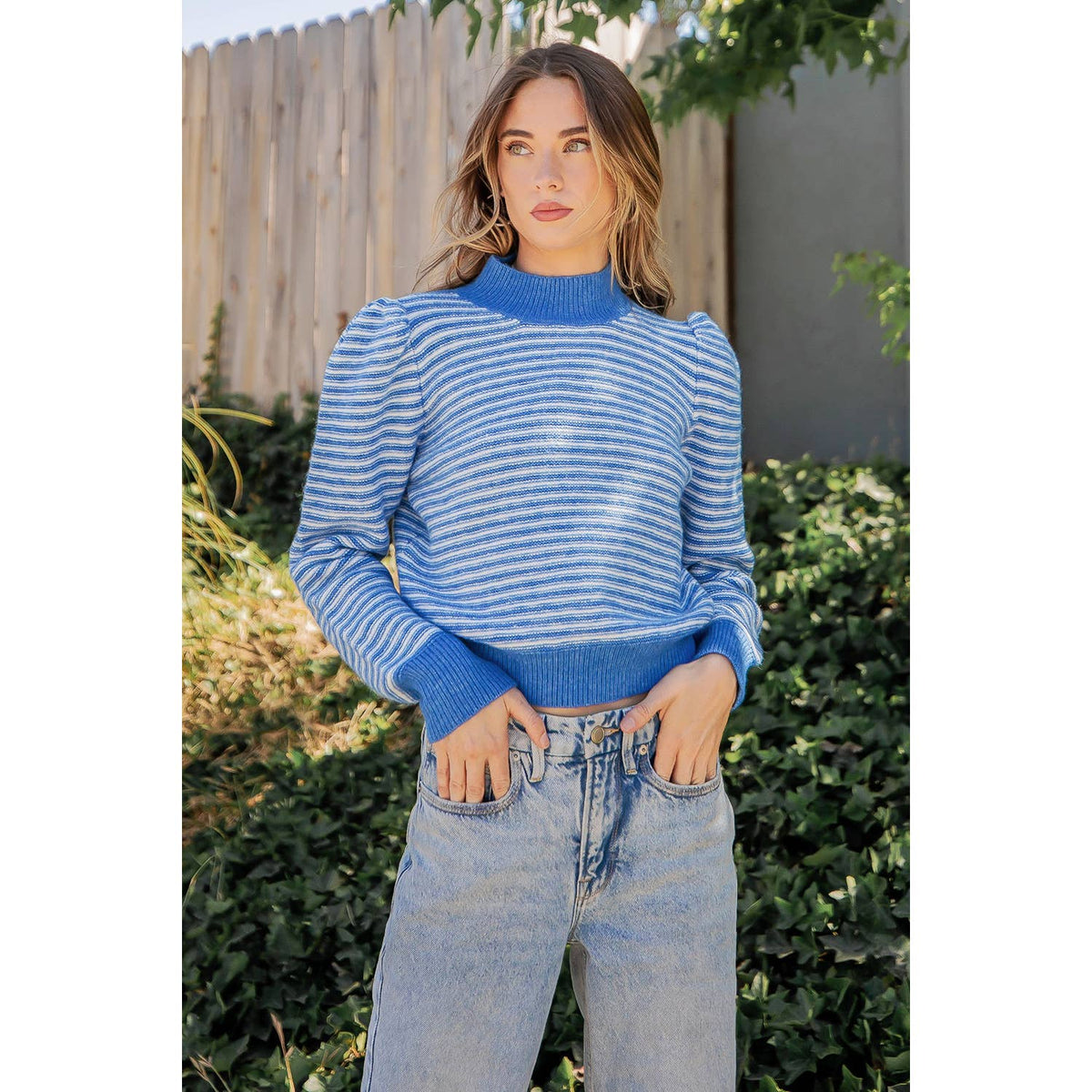Striped Pattern Mock Neck Sweater