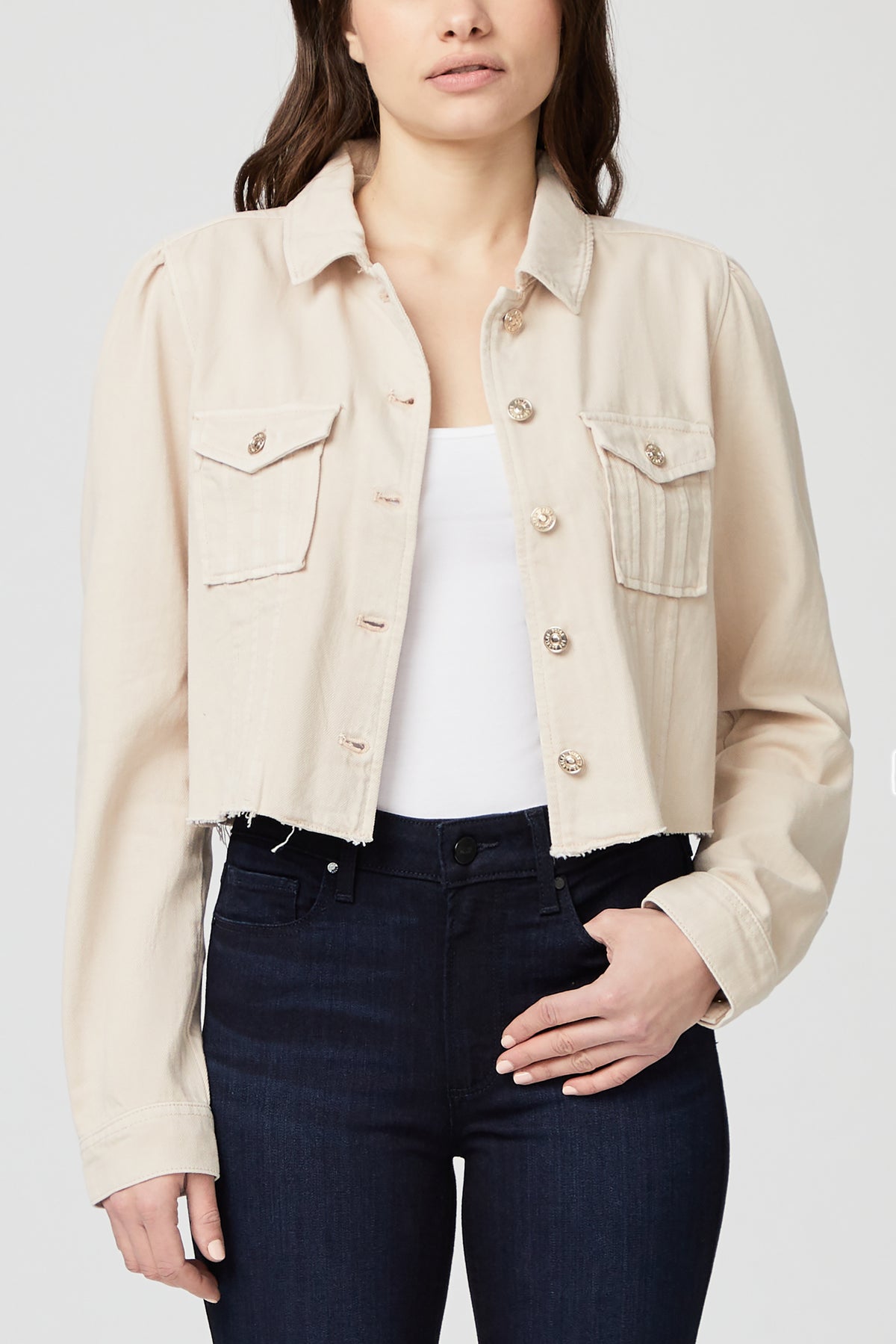 Cropped Pacey Denim Jacket w/ Raw Hem - Soft Beige