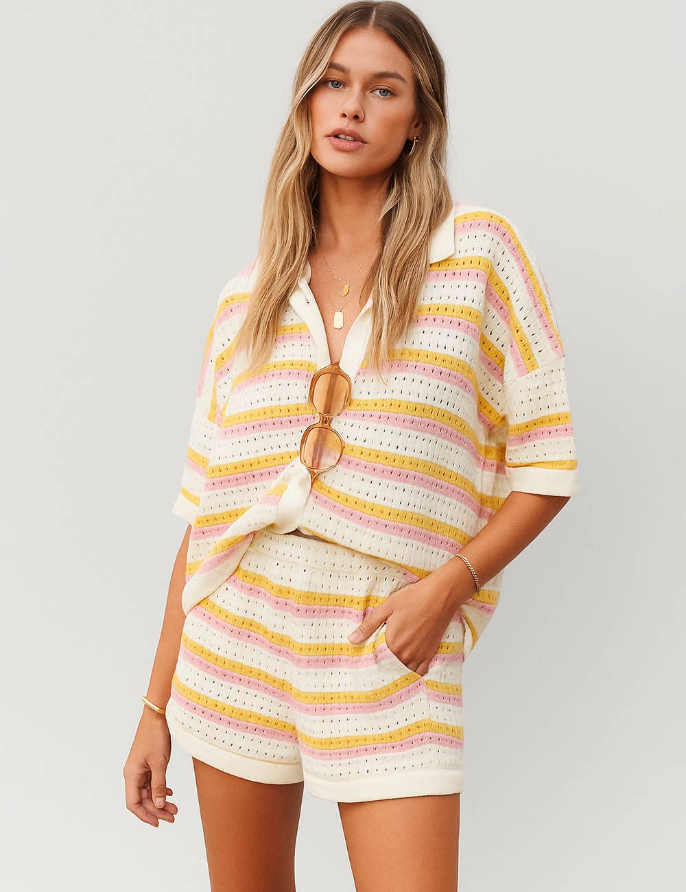 Ladies Stripe Color Block Knit Top & Shorts Set 