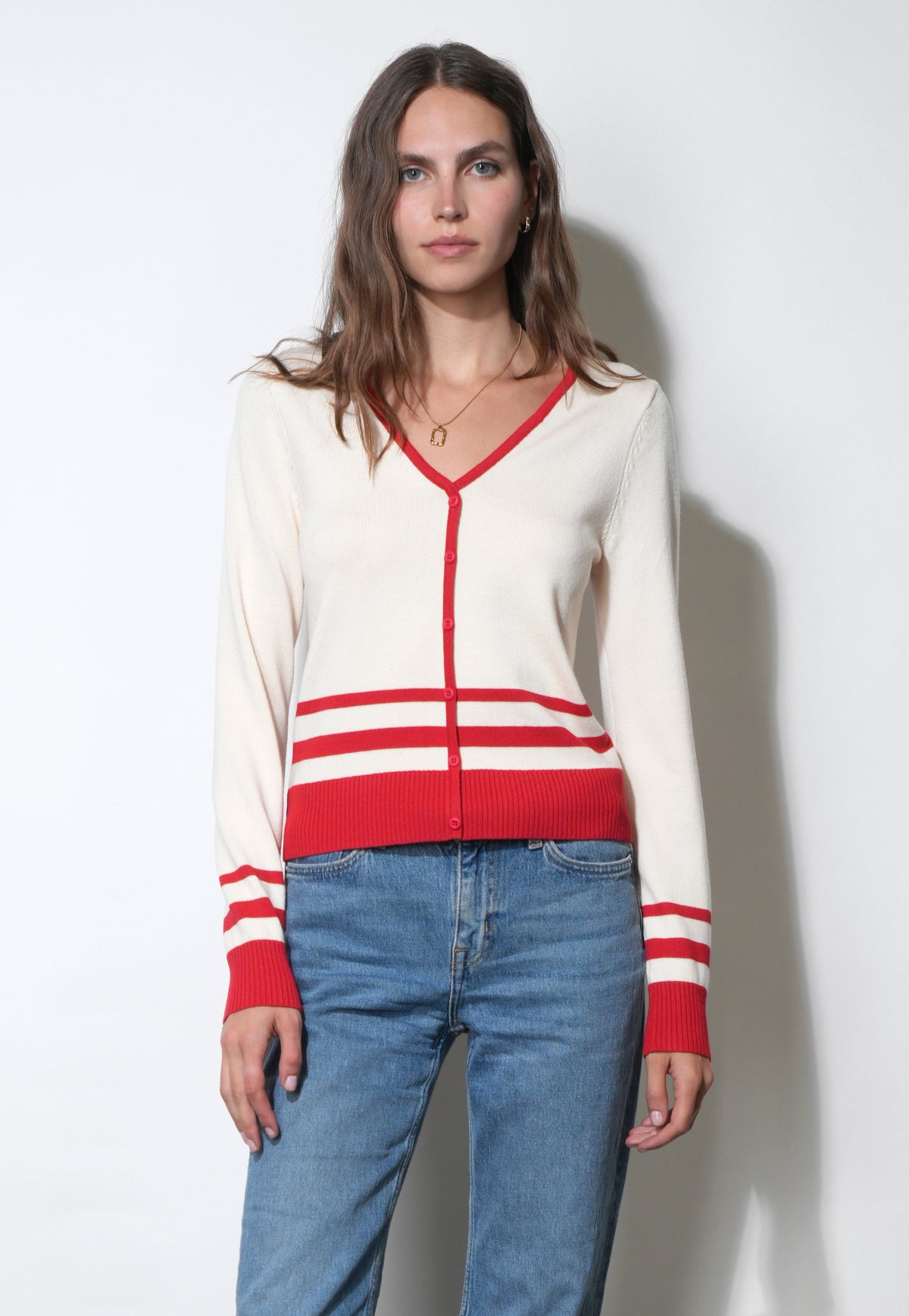 Piper Plunge Neck Stripe Button Front Knit Top