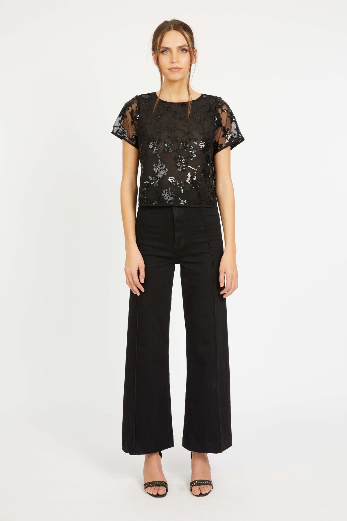 Carmen Top in Black Sequin Lace