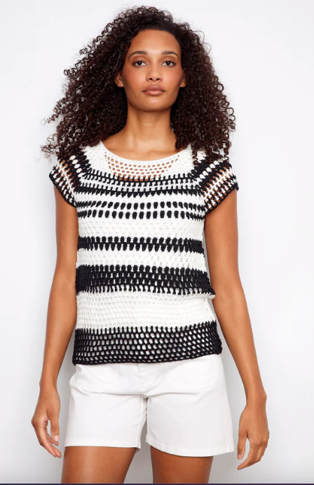 Crochet Cap Sleeve top/Black and white