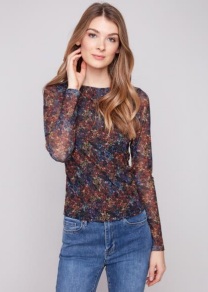 Printed Mesh Top Gathering at Sides