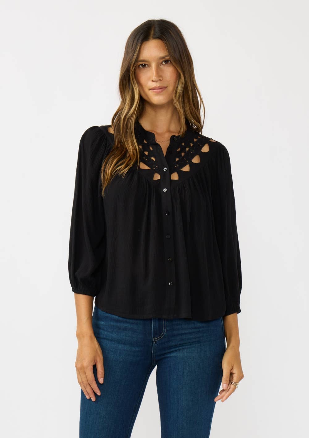 Embroidered Cutout Yoke Blouse