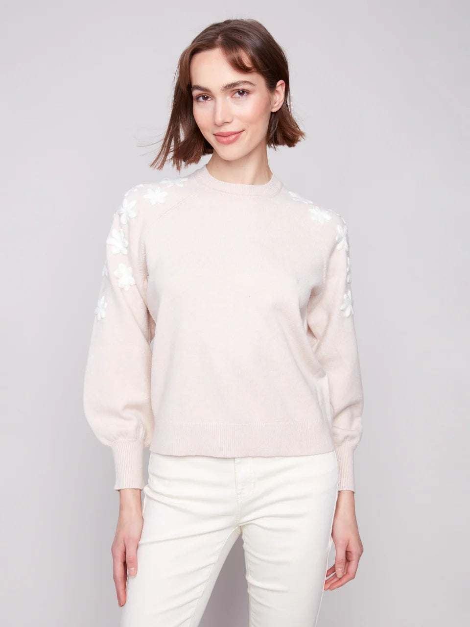 Crew Neck Sweater With Embroidered Flowers - Heather Oat