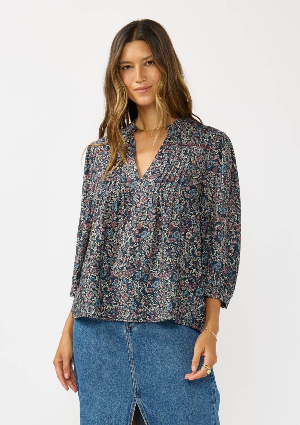 Pintuck Split Neck Blouse