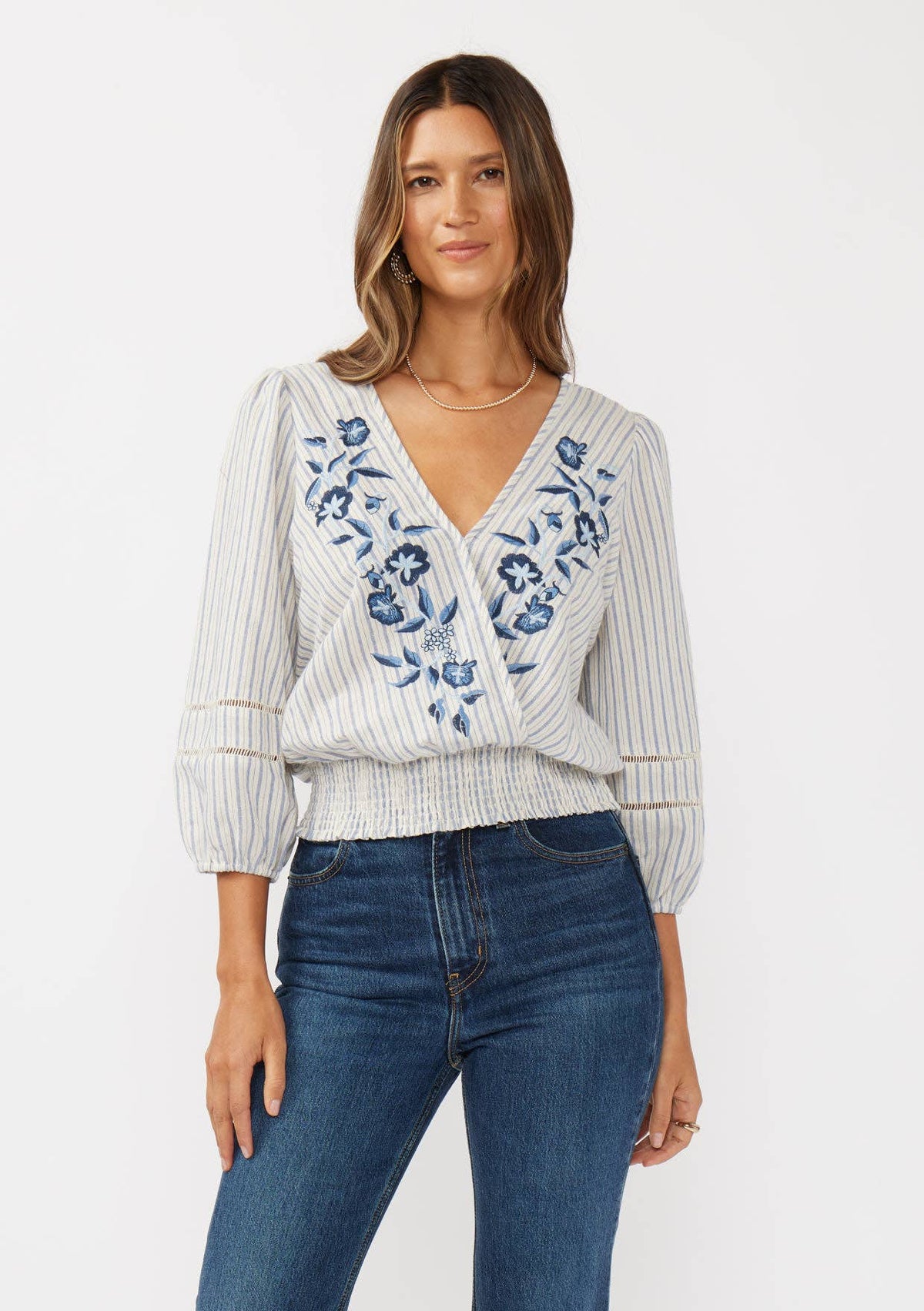 Embroidered Smocked Waist Stripe Surplice Top