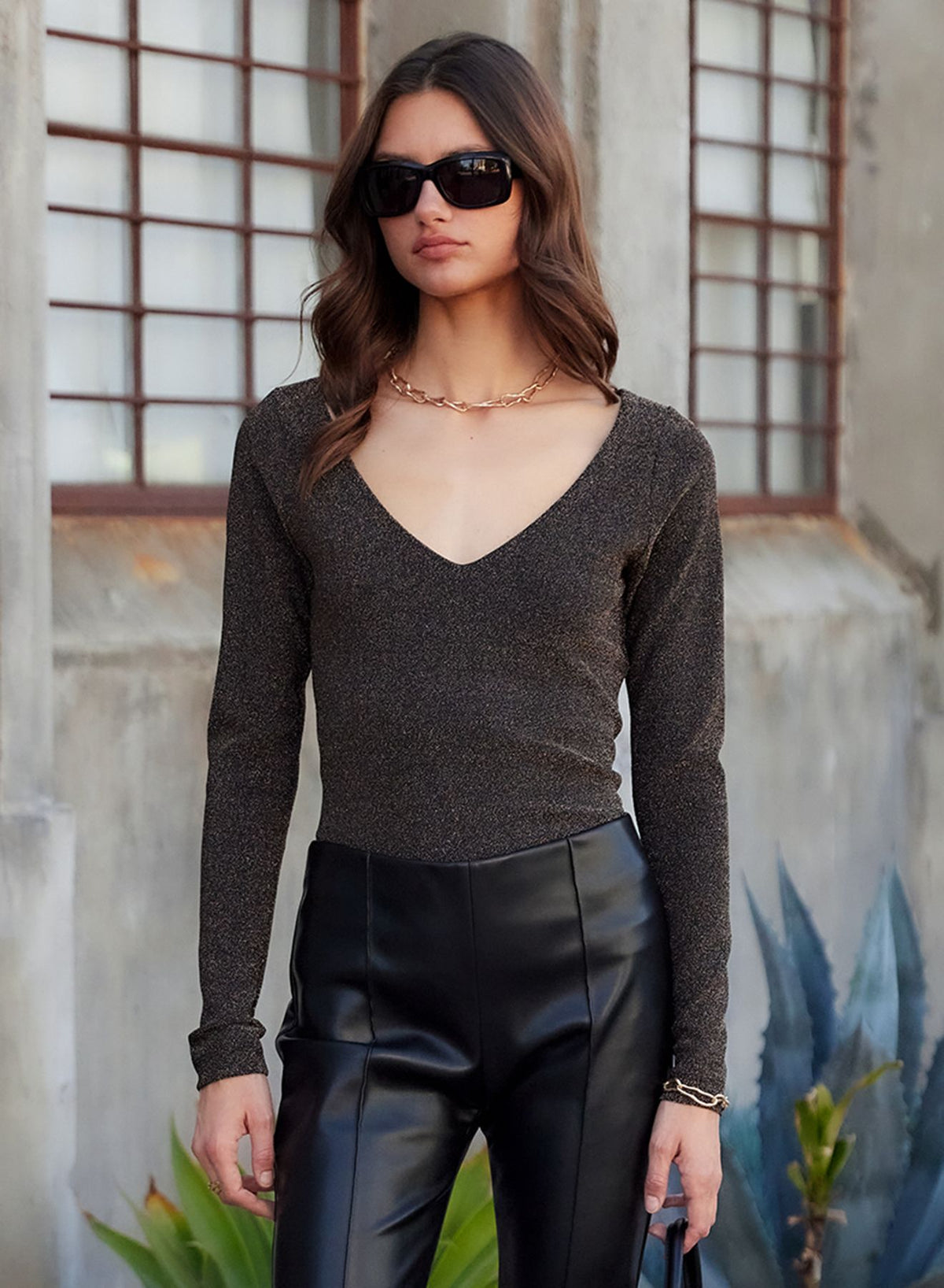 Whitney Metallic V Neck Top