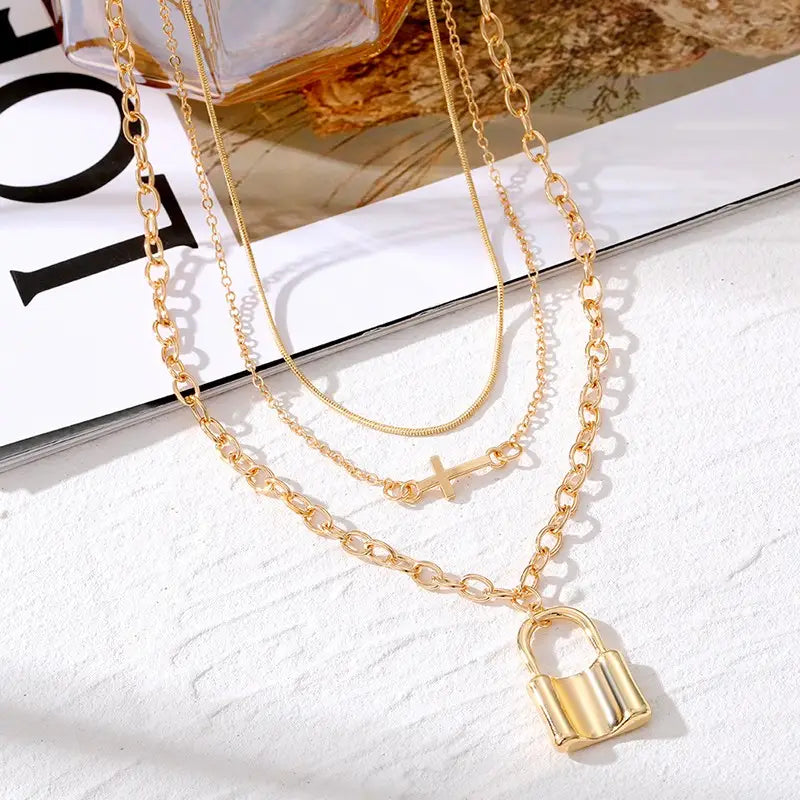 Cross and Lock Layered Necklace